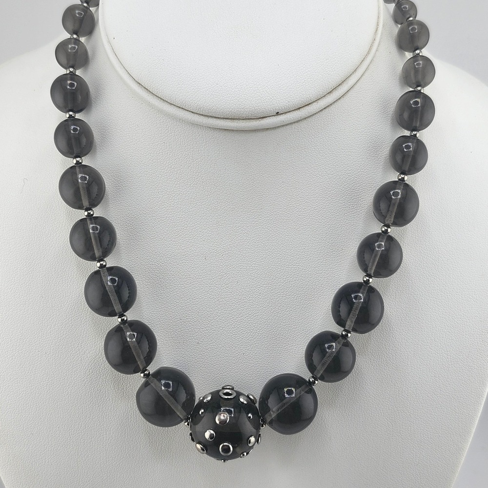 Smoky Acrylic Beaded Necklace with Silver tone Accent Bead Fashion Jewelry